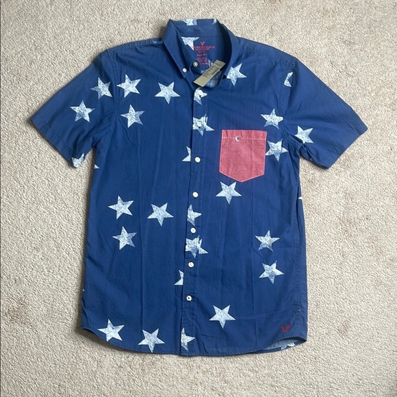American Eagle Outfitters Blue and Red Casual Button Down Shirt - Picture 1 of 3